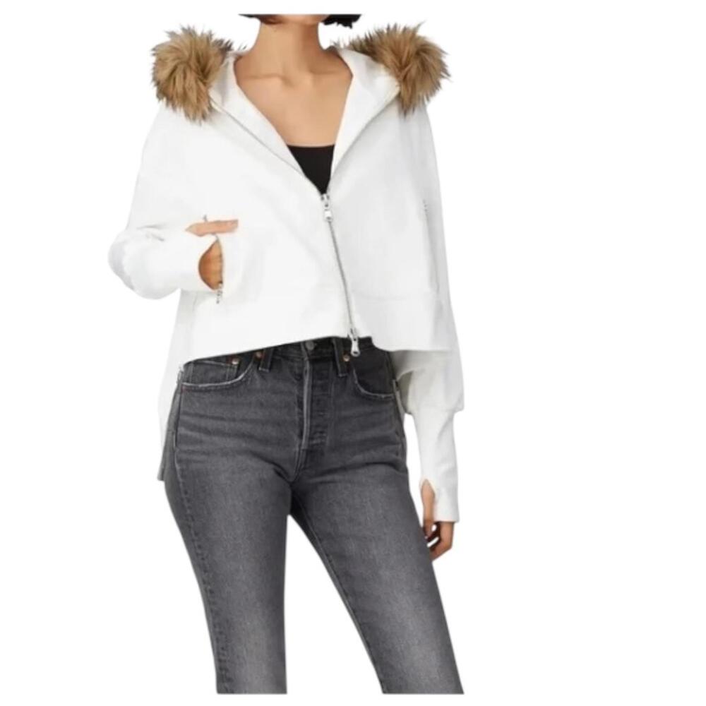 NWOT KF/KaufmanFranco Collective White Cropped Faux Fur Hood Jacket Sz Large